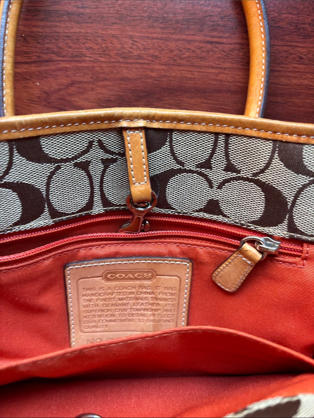 Coach Canvas Signature Tote in Brown with Tan Trim and Red Interior